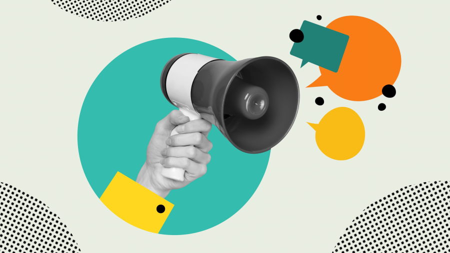 An image of a hand holding a megaphone with cartoon speech bubbles coming out of it